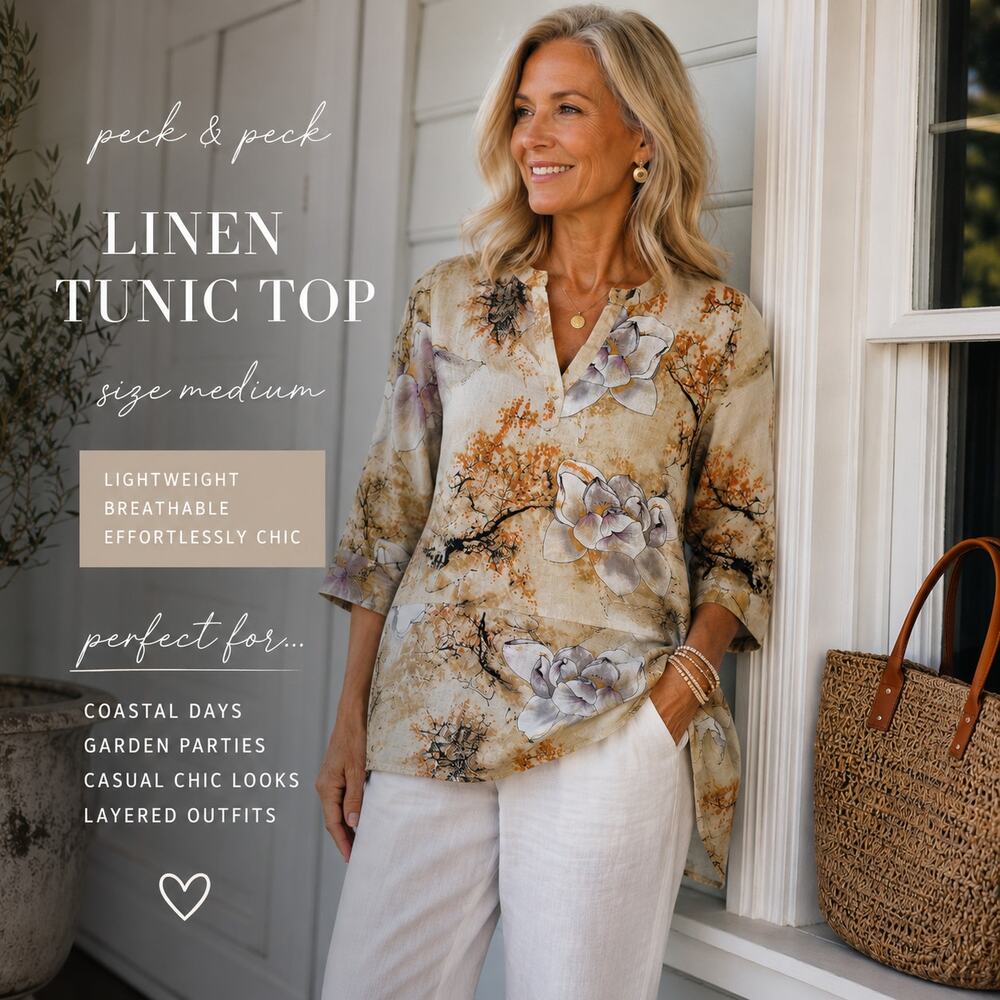 Peck & Peck Linen Tunic Top M Beige Floral Asymmetrical Boho Cottagecore